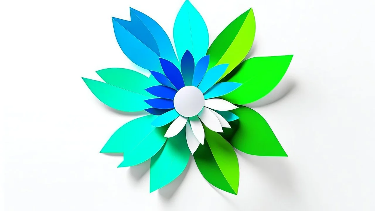 Minimalist paper cutout of a flower. Shapes are simples, abstract and geometric. Colors are vivid, electric blue, electric green and electric grey. White background.