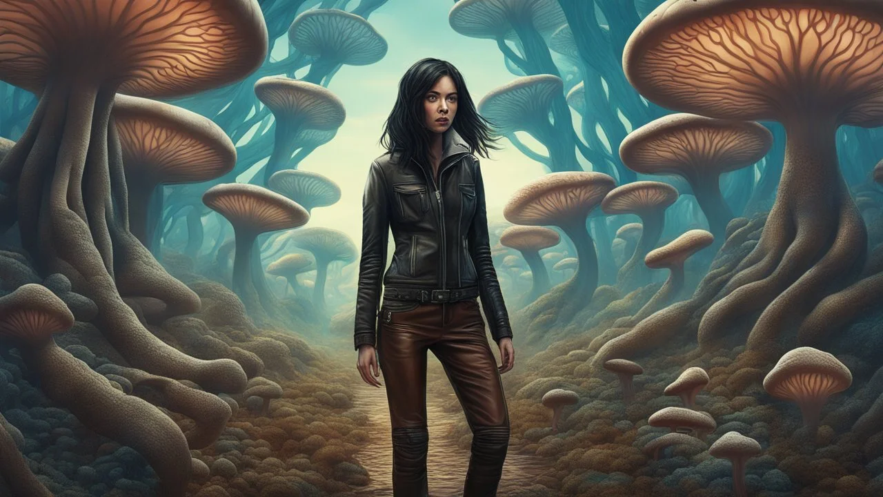 woman with black hair, in brown leather trousers and jacket, walking through Alien mushrooms with jellyfish tentacles in an alien forest, photorealistic, Deep Colour, Intricate Detail, sunshine, blue sky