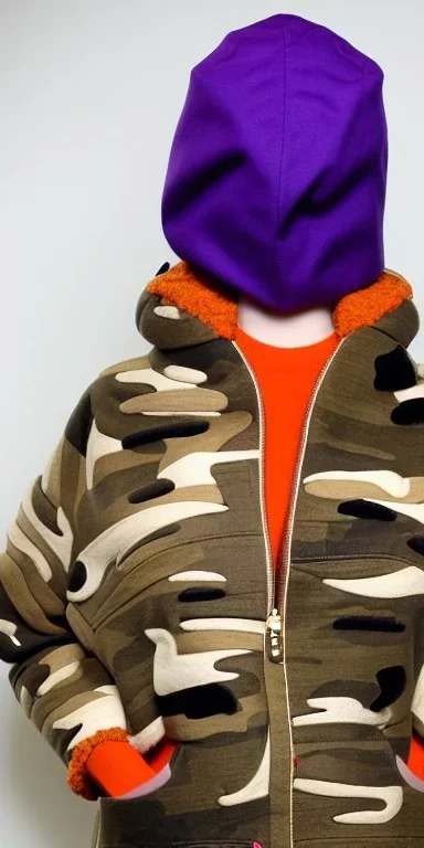 Blonde woman, selfie. average body type, think thighs and thick calves. Mantle is sewed of recycled Denim and sewed together of camouflage pieces. Printed camouflage figures are orange,terracotta, cream and purple. It is with big bright purple felt tippet and cream-colored-hood. mantle is merged with a bag. Cream latex gaiters! AKG-style headphones (gold rings!) is merged with small felt cap with small visor. Style: Haute Couture in 1936, Paris fashion in 2023, inspired by surreal art.