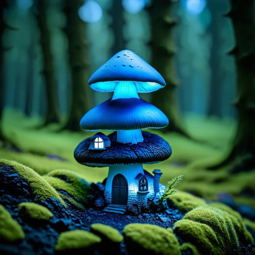 "Close up of a wonderful tiny Mushroom Tower home. indigo and blue with bright white, deep black and contrasting tones of gray. Illuminated bioluminescent forest. Professional painter, master at composition. small but detailed. broken, blurred background, voluminous lighting"