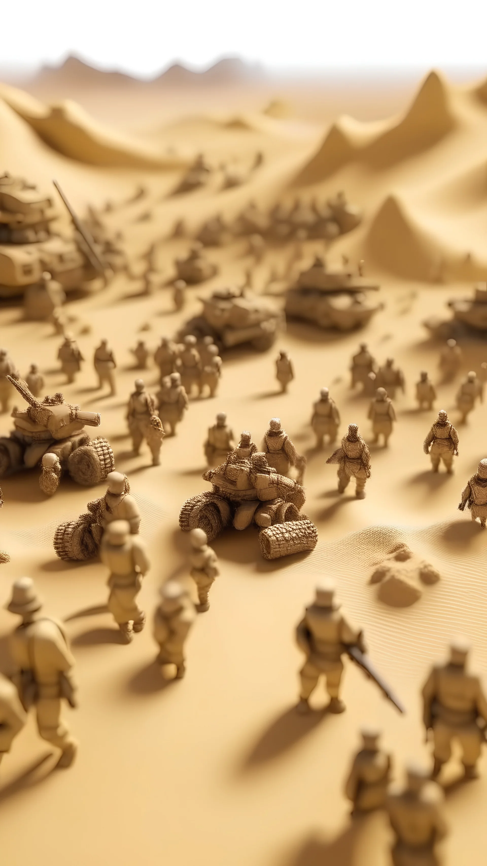 imagine a scene of a battlefield where two armies are present with a leader for each in desert, low details, realistic view