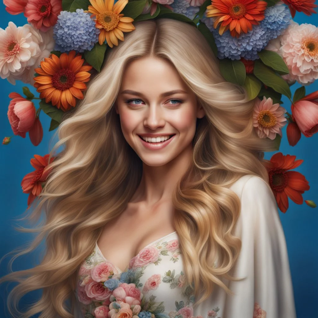 (best quality, 4k, 8k, highres, masterpiece:1.2), ultra-detailed, (realistic, photorealistic, photo-realistic:1.37),hyper realistic, gorgeous smiling 1woman,long hair,looking at viewer,realistic proportions,blue eyes,hair ornament,dress,very long hair,flower,blonde hair,parted lips,necklace,white dress,blonde hair,lips,blurry background,freckles,realistic,head wreath, pink flower,realistic portrait