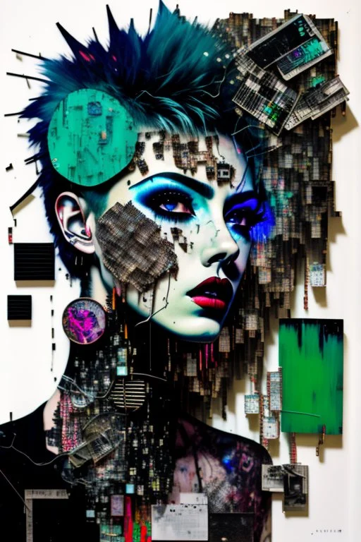 Ultra detailed medium portrait painting of anxiety , torn up collage of clippings, broken circuitry background, matrix effects, punk visual art, punk art aesthetic, graffiti art, pop surrealism, collage art, cluttered paint glitches