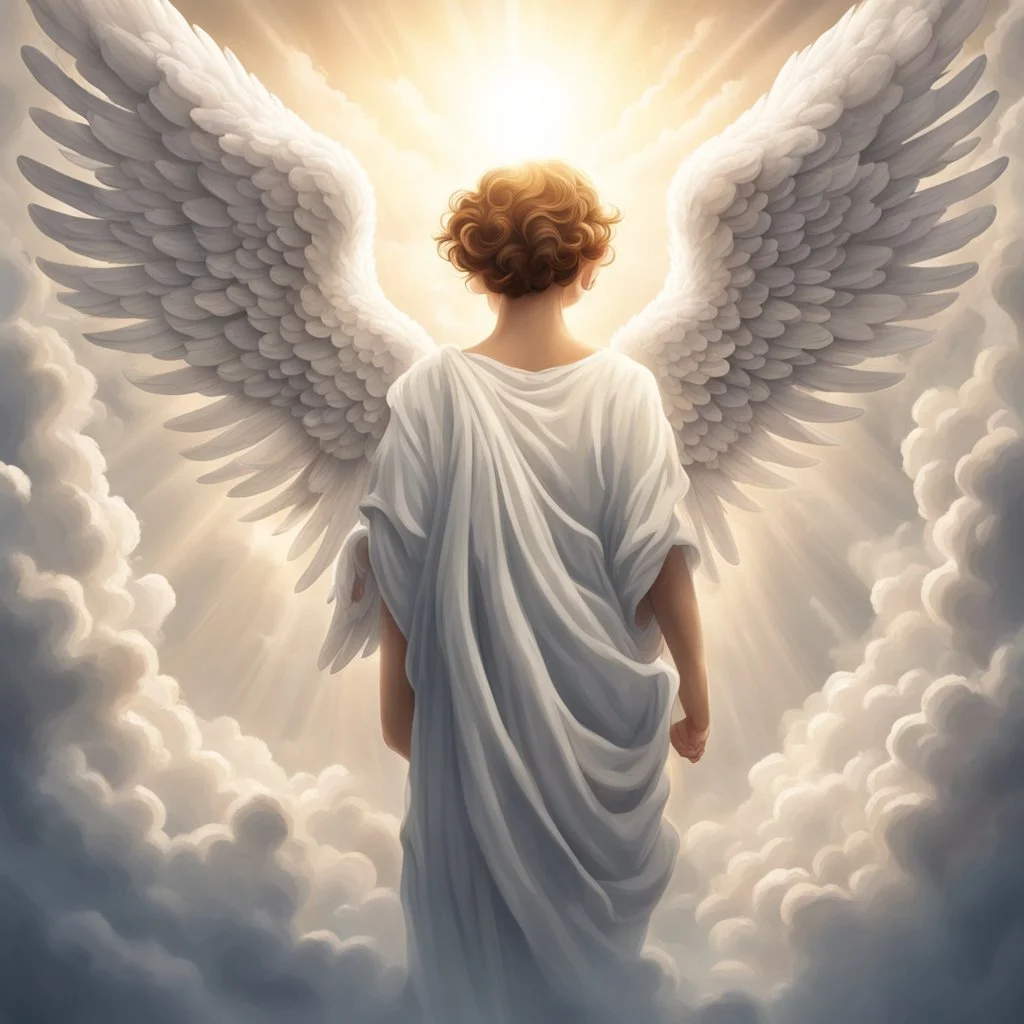 The image of a mother with angel wings watching and watching over her son from heaven