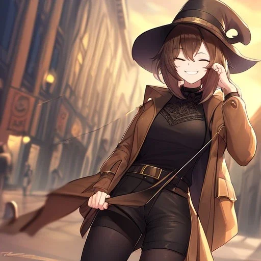 Clear focus, High resolution, short brown spiky hair, hair between eyes, eyes closed, wearing a brown detective hat, wearing a brown jacket and a black shirt, wearing black shorts, 1girl, pulling at down, smiling