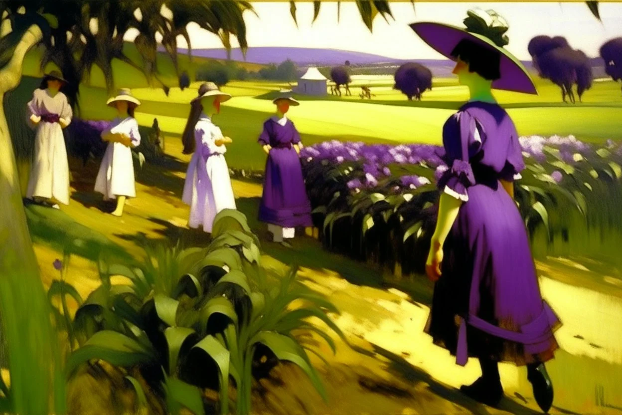 A violet farmland with bio life painted by John Singer Sargent