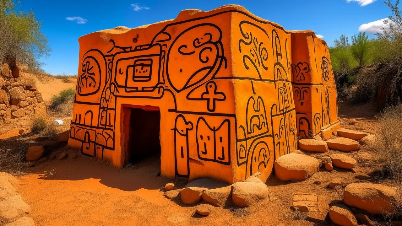 An orange colored ruins with runestones designed in cave paintings painted by Keith Haring