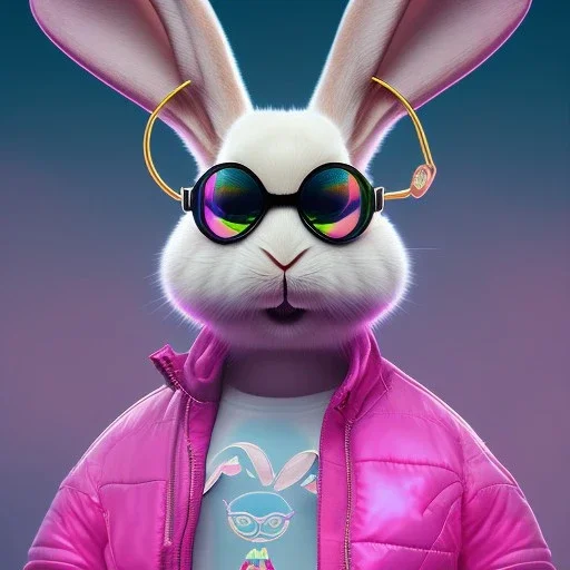 pixar style anamorphic cute rabbit baby, smiling, cyberpunk headphone, sunglass, gangsta gold neckless, full body, magenta puffer jacket, manila city backdrop, dramatic lighting, hyper realistic, unreal engine 5, 16k