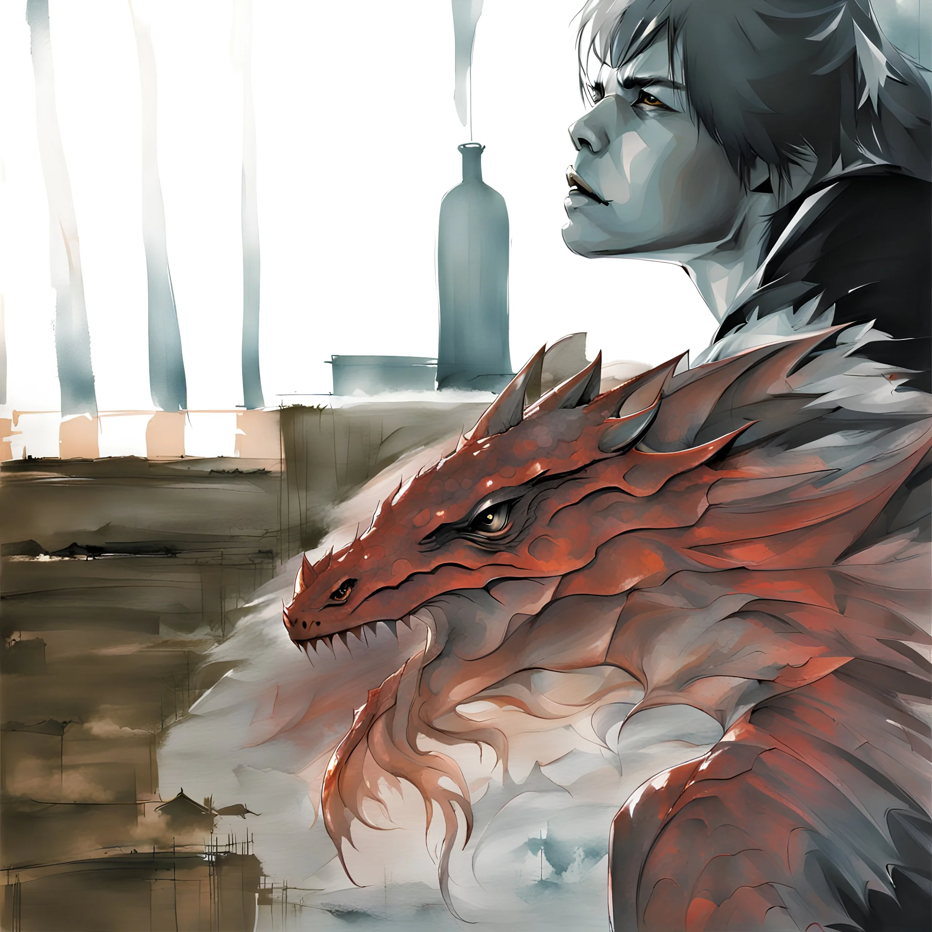 sketch-style painting of a dragon art by Yoji Shinkawa and Valeria Burzo large bats in the background