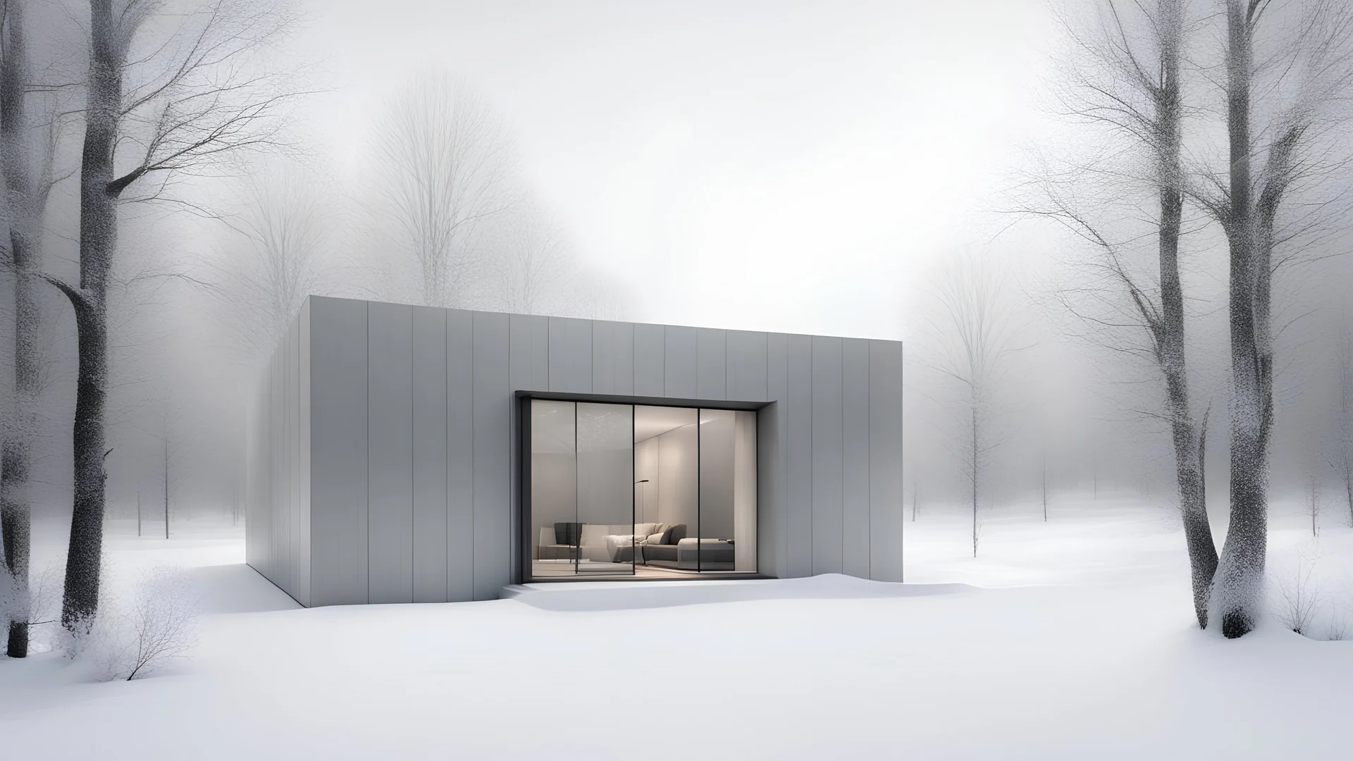 Modern and minimalist house in a winter environment is light gray, with vertical siding that gives it a subtle texture. There are small rectangular windows and a visible door, all emitting warm light from the inside. The house is situated in a snowy landscape, with several bare trees scattered around, suggesting that it is winter or a cold region.