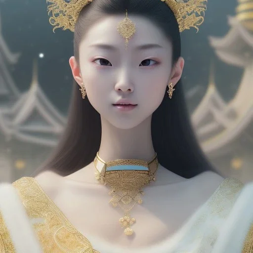 smooth hyper realistic, beautiful Japanese goddess, pale colors, dark cosmos background, cat еye, extremely sharp detail, finely tuned detail, ultra high definition, 8 k, unreal engine 5, ultra sharp focus, accurate sword wings, positive smile, lot of details, fit within portrait, Ambiance winter, perfect composition, perfect hair, perfect hands, finger up gestures