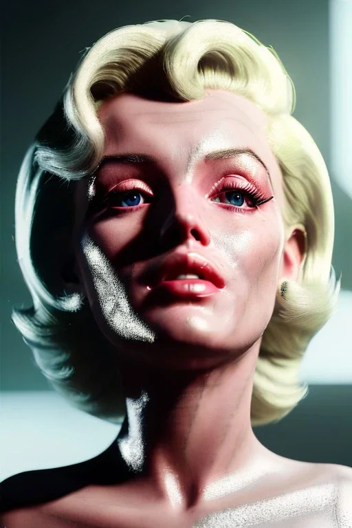 Ultra Realistic image, portrait, blonde woman, sweet Marylin Monroe face, perfect iris, glow eyes, makeup. Retro sci-fi style, helmet, tight latex coat, fog, rain, soft color, highly detailed, unreal engine 5, ray tracing, RTX, lumen lighting, ultra detail, volumetric lighting, 3d, finely drawn, high definition, high resolution.