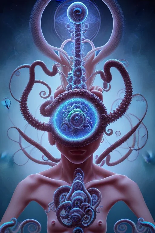 Spiritual being with Tentacles over human Head creating reality around, wrapping Tentacles around Human, Dimethyltryptamine