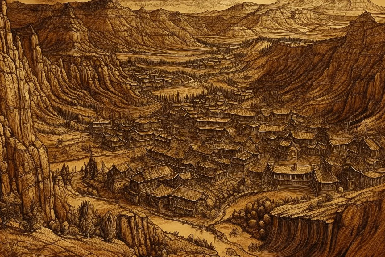 A brownish bronze canyon with a village designed in Mehndi design painted by Vincent van Gogh