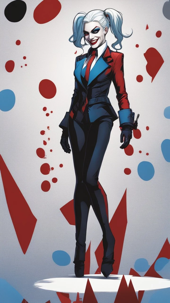 Harley Quinn, black suit, white hair and blue and red details on it, evil smile