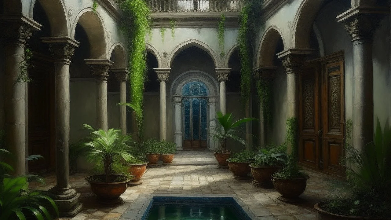 Oil painting, A serene indoor courtyard with a small pool surrounded by arched doorways and covered in lush greenery, creative, extremely detailed brush stroke