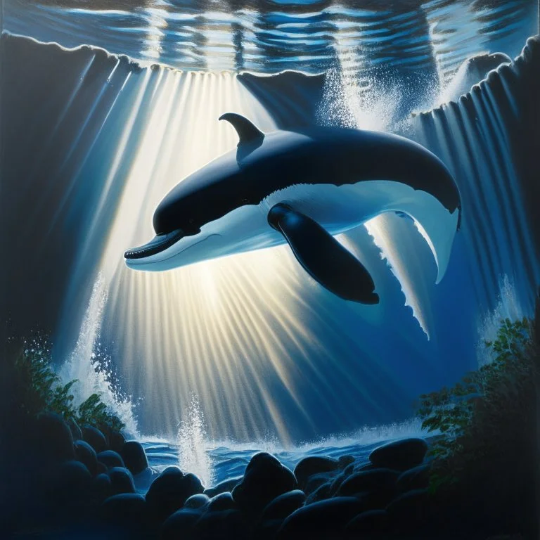 A dramatic, chiaroscuro-style acrylic painting of a powerful orca hunting its prey in the depths of the ocean, with stark contrasts between light and shadow to emphasize the intensity and raw beauty of the scene