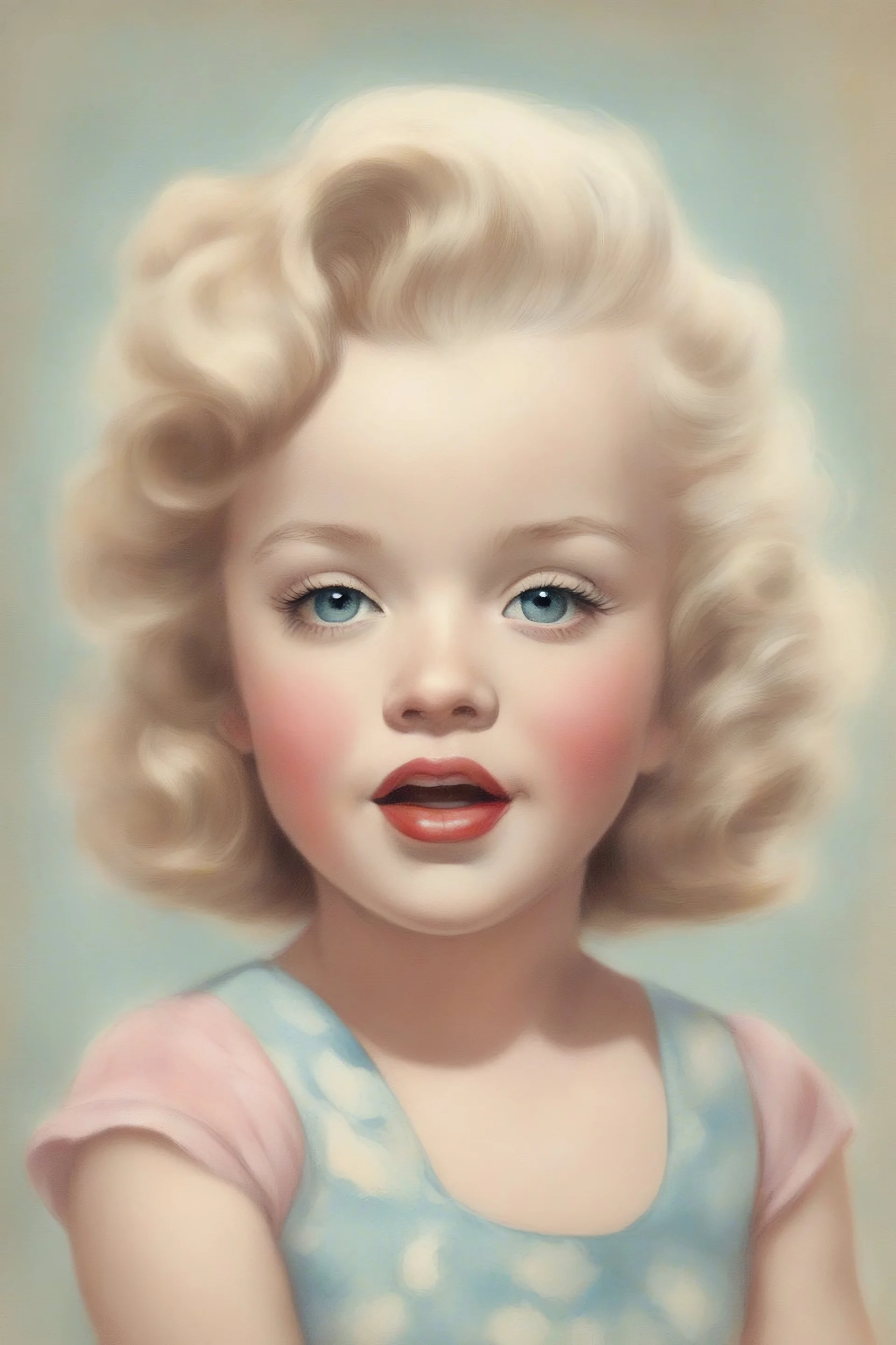1950s illustration of marilyn monroe as a toddler, style of Marcel Marlier, pastel colors