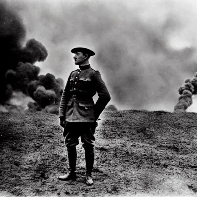  WW1 Era Soldier looks at a battlefield that is on fire