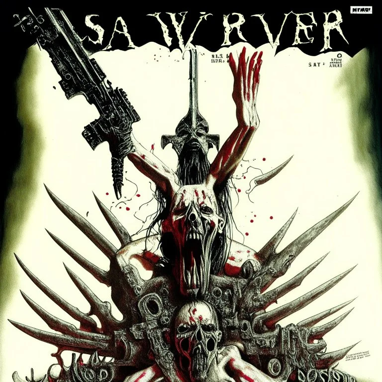 "SLAYER" heavy metal art illustration, Grotesque gun picture, Release the slide to cleanse inside- Prepare to anoint Snap the tongue in groove discharged- To make my hallowed point; double exposure, unsettling, surreal, sinister, profound, dramatic, by Jonathan Meese and Santiago Caruso, text "SLAYER"