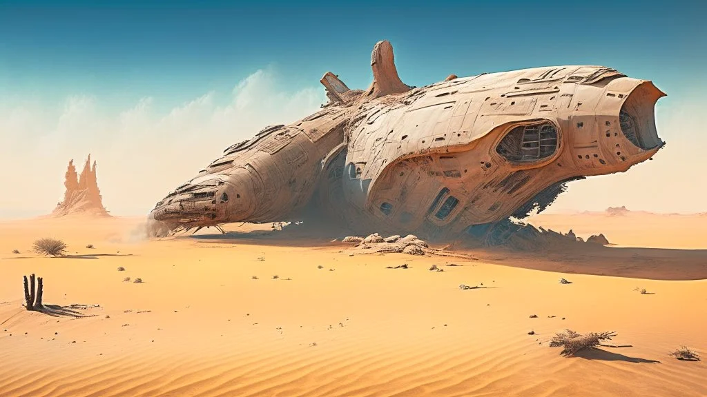 large spaceship in a desert near a ruined town