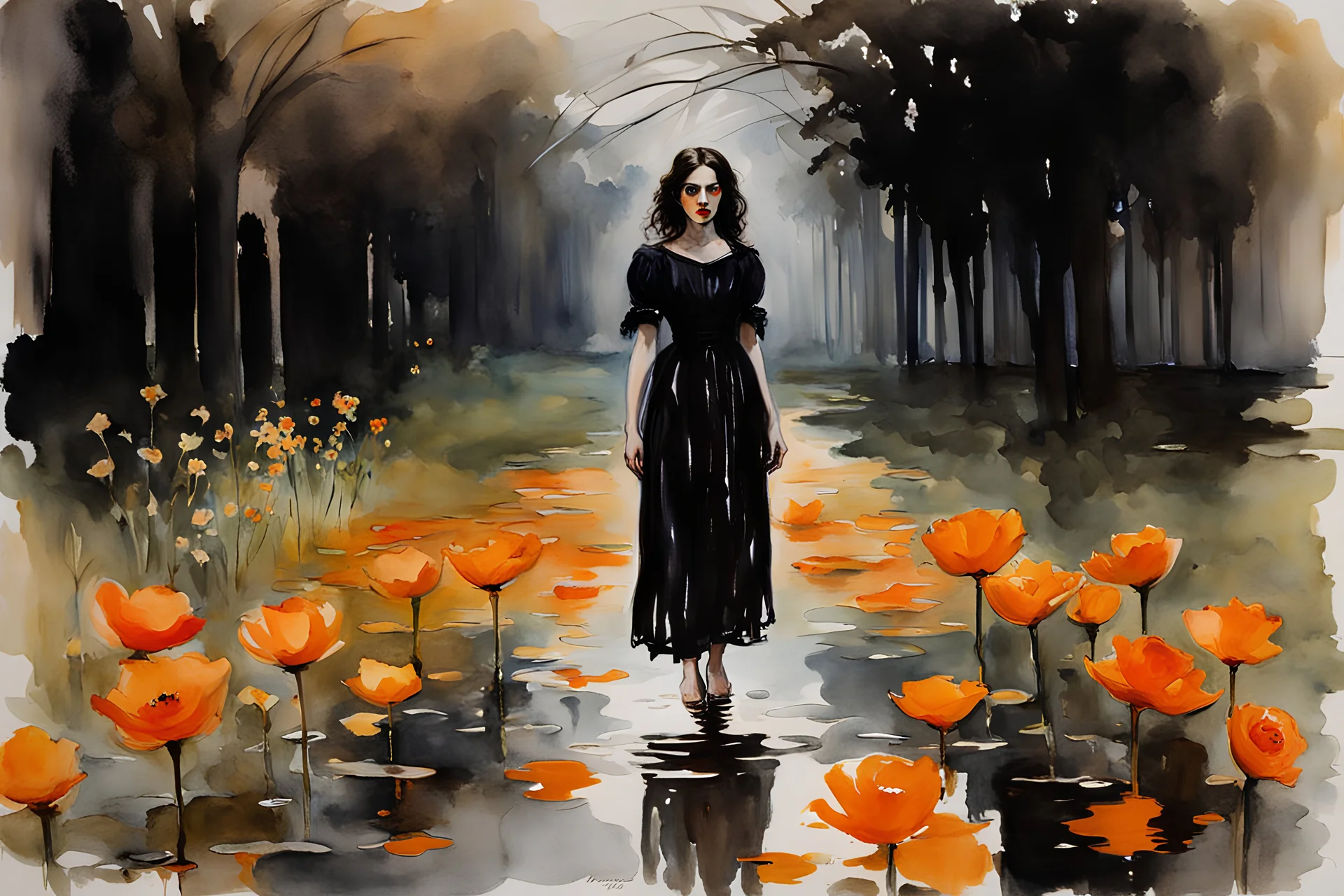 Night, one woman, orange flowers, gothic horror movies influence, puddle, epic, john singer sargent watercolor paintings