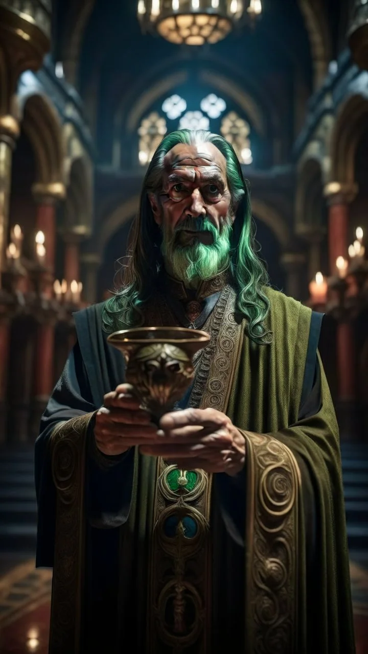 portrait of Cthulhu priest carrying goblet signaling you to obey your master, inside hall in mountain, shot on Hasselblad h6d-400c, zeiss prime lens, bokeh like f/0.8, tilt-shift lens 8k, high detail, smooth render, down-light, unreal engine, prize winning