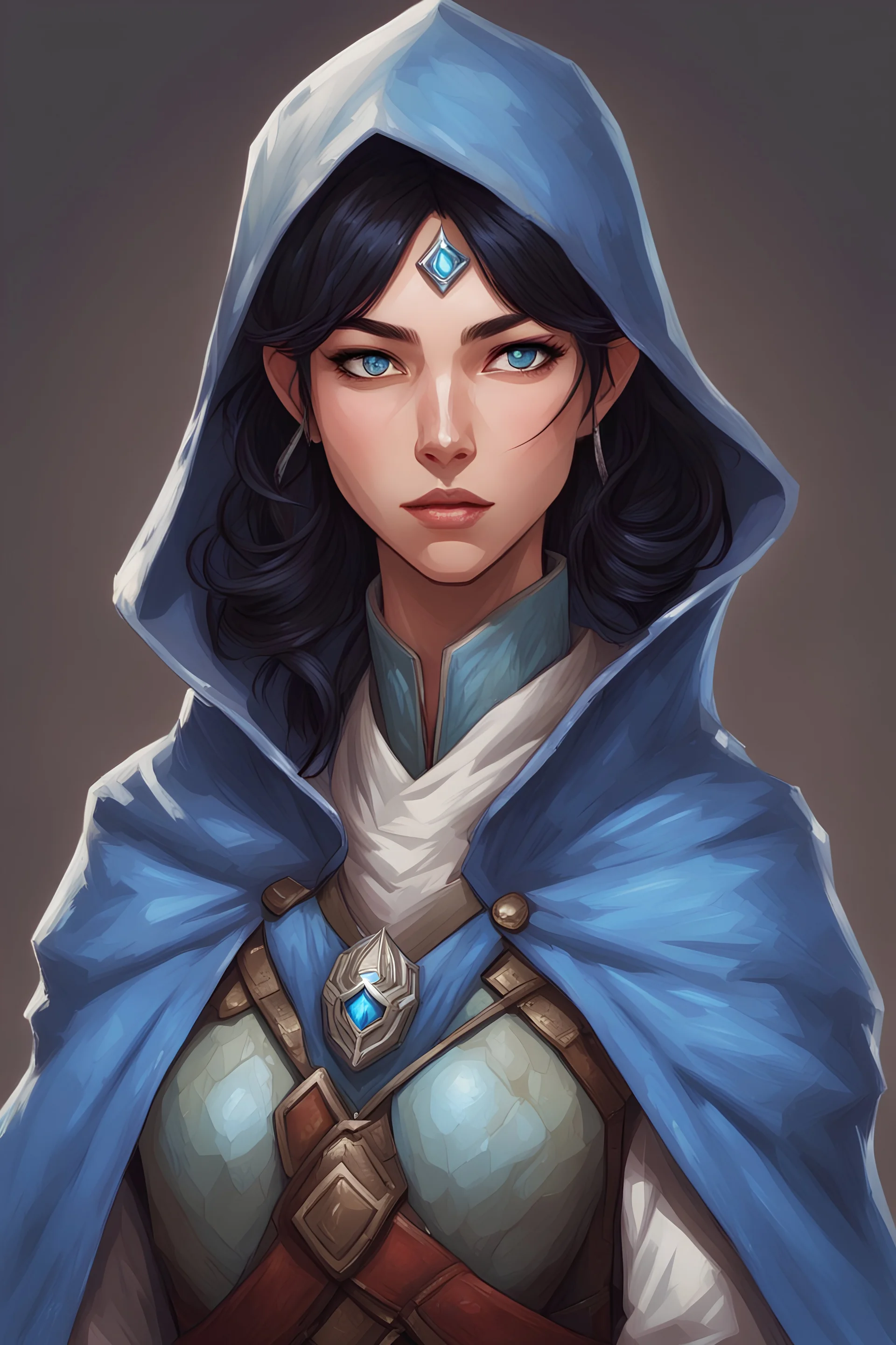 dungeons and dragons; portrait; solid background; yuan-ti; female; ranger; cloak; mischief; black hair; blue eyes; vertical pupils; blue snake scales on cheek