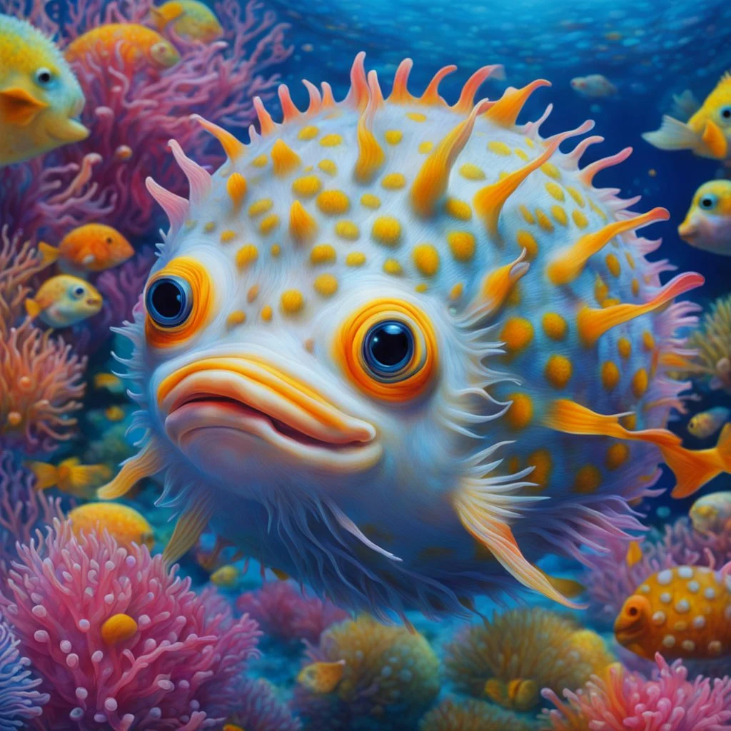 Pufferfish, amazing detail, vibrant colors, underwater, hyperreal, by Lisa Frank