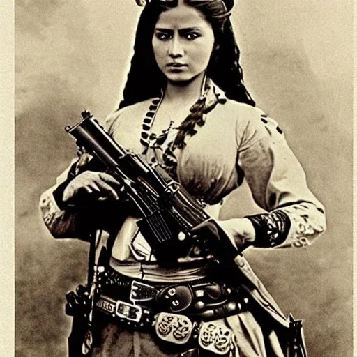 beautiful female mexican outlaw wearing holster with two guns on waist and two rows of bullets in bandolier across chest, long black wavy hair, gorgeous, stunning face, 8k, high-quality, ultra-fine detail, 1800s wild west, detailed matte painting, brian froud, howard lyon, selina french, anna dittmann, annie stokes, lisa parker, greg rutowski, alphonse mucha