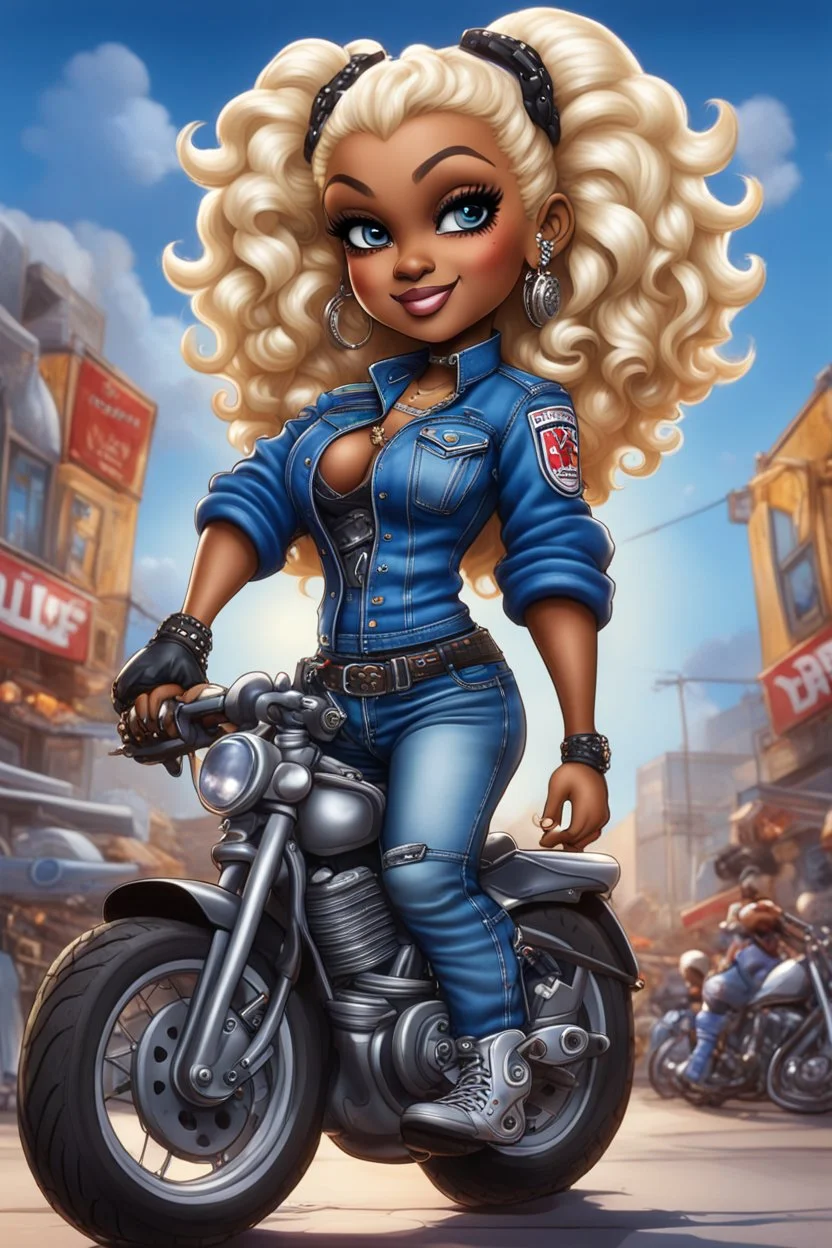 airbrush illustration of the chibi cartoon character, a voluptuous black female in a blue jean outfit with biker boots. Her prominent makeup and hazel eyes, along with her detailed platinum blonde bantu knots, are featured in this image, set against the background of a lively bike show.