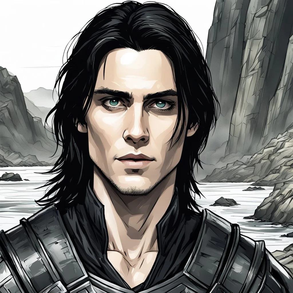 A portrait of Jared Leto in his early 30s, long beachy haircut, black hair, on a rocky island, in ebony armor from Skyrim, melancholic and dangerous facial expression, half-smiling, drawn in the style of ink manga sketch