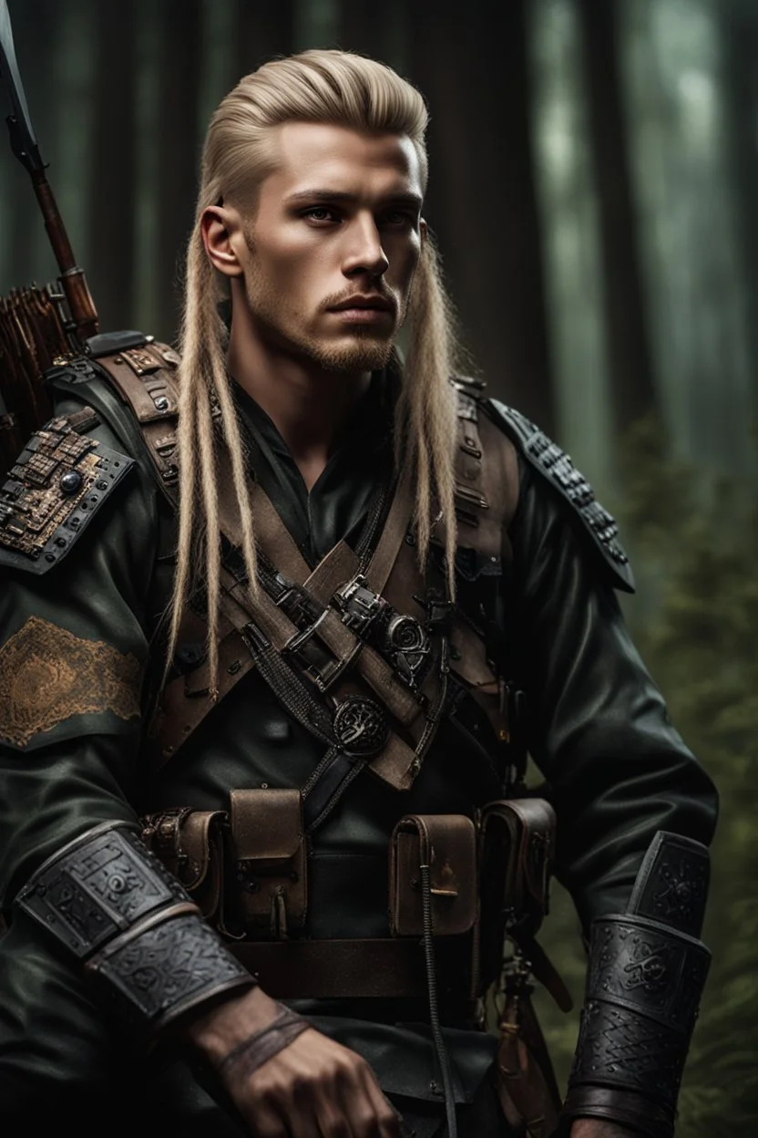 photorealistic hyperdetailed portait of 20-year-old german male, as mercenary with long blonde undercut hair, tribal tattoos and neatly trimmed beard wearing modern mercenary uniform dark fantasy forest backdrop