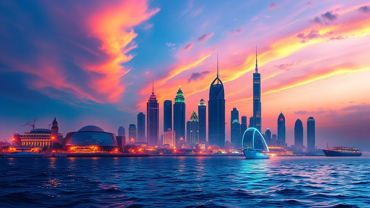 A stunning digital painting, featuring vibrant colors and intricate details, capturing the skyline of Ajman as seen from the sea at sunset. The city lights reflecting on the water create a magical and serene atmosphere.