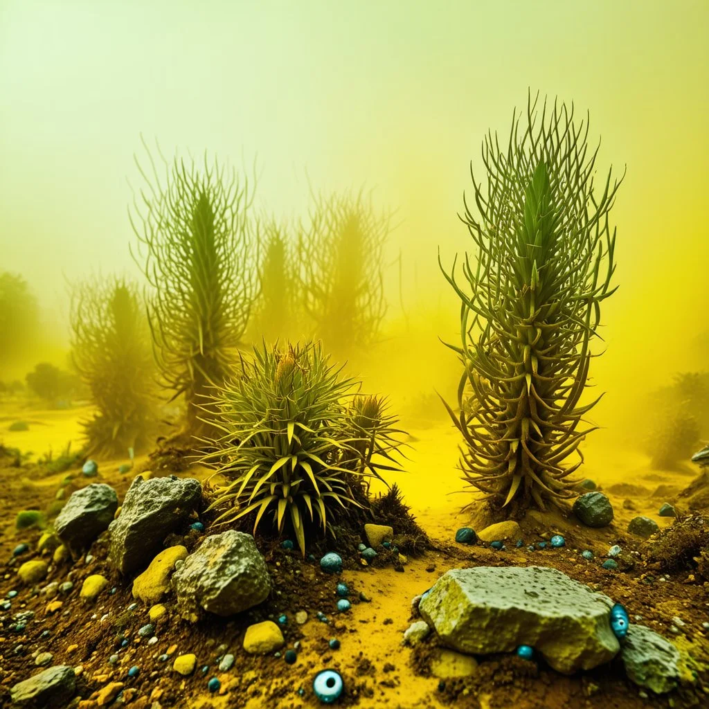 A striking quality Kodak photograph captures a wasteland with liquid and group of monstrous plants, creepy, details of the dust very accentuated, glossy organic mass, adorned with minerals and rocks. Bathed in intense light, eerie, Max Ernst style, Amano, Audubon, yellow sun, fluids, fog, bkue eyes, paranoic, obsessive, blurred, volumetric light