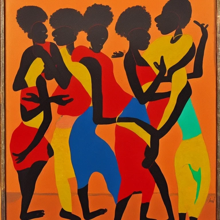 an abstract painting with figures of three African women dancing