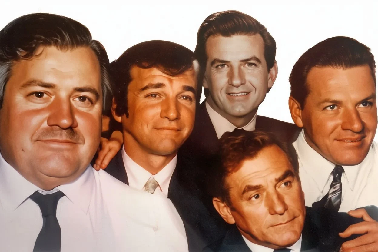 a photo of 5 men in their 30s, antique photo, add background