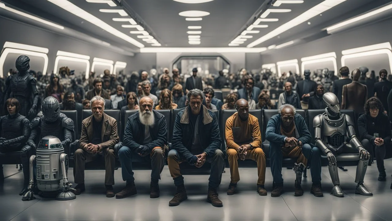 photo from the futuristic waiting room of a studio, a large crowd waits in a giant room. the aliens mutant humans, strange fantastical creatures, droids, and a few human-like beings of all sizes, colors, shaped and looks, stand in the crowd. high detalied, sharp focus, photorealistic, sci-fi style Professional photography, bokeh, natural lighting, canon lens, shot on dslr 64 megapixels , hd