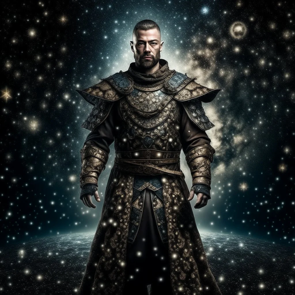 A man powerful commander in a dress made of galaxies and stars with a huge army