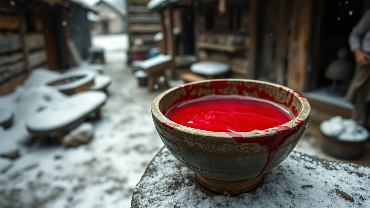 close up an old bowl is full red blood on snowy poor villager courtyard, dramatic atmosphere, in background blur , low light, high detailed, sharp focus, high realistic, perfect photo