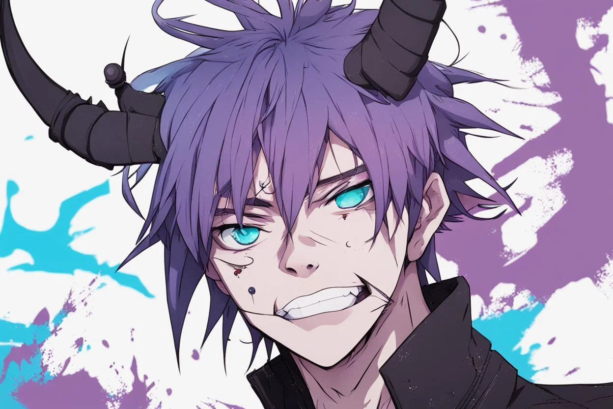 anime man with horns, fangs, messy purple hair and blue eyes