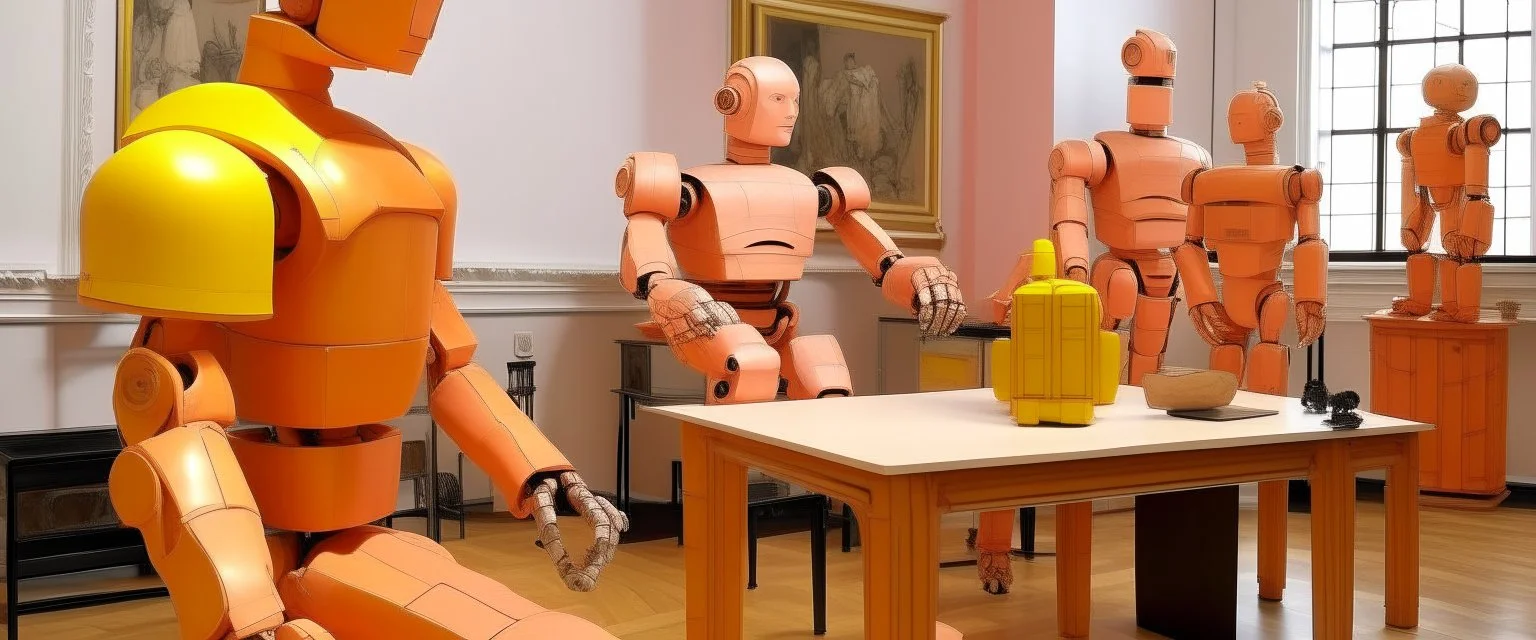 A light rosy orange robot workshop painted by Auguste Rodin