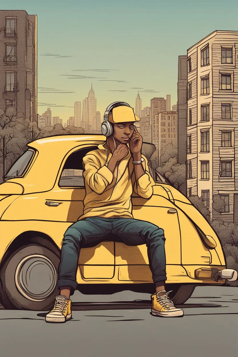 Full body illustration of a young man pensive while listening to music with headphones by a yellow car on the west coast of the United States. In the background is a distant cityscape and an old apartment building. The city is illuminated by the sunset, creating an overall nostalgic and emotional atmosphere. Cartoonish art style with lots of detail.