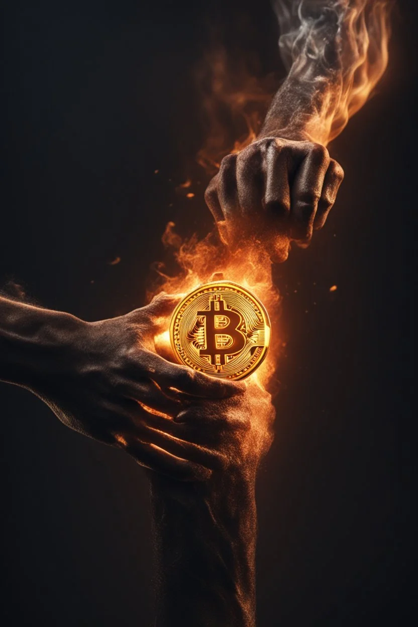 Close up of a A strong forearm held out by a man, a Bitcoin mark has just been burned into he's skin by a branding iron, it's hot and sizzling, he's screaming of pain, realistic, 8k quality, smoky chaos background