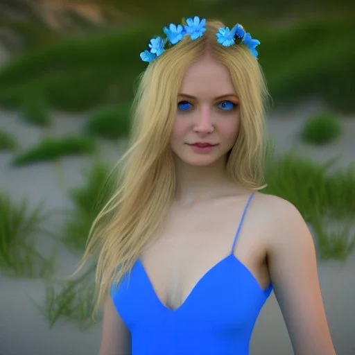 Beautiful sunny face woman blue eyes long blond hair in an hippy blue flower dress on a beach, unreal engine, 4k