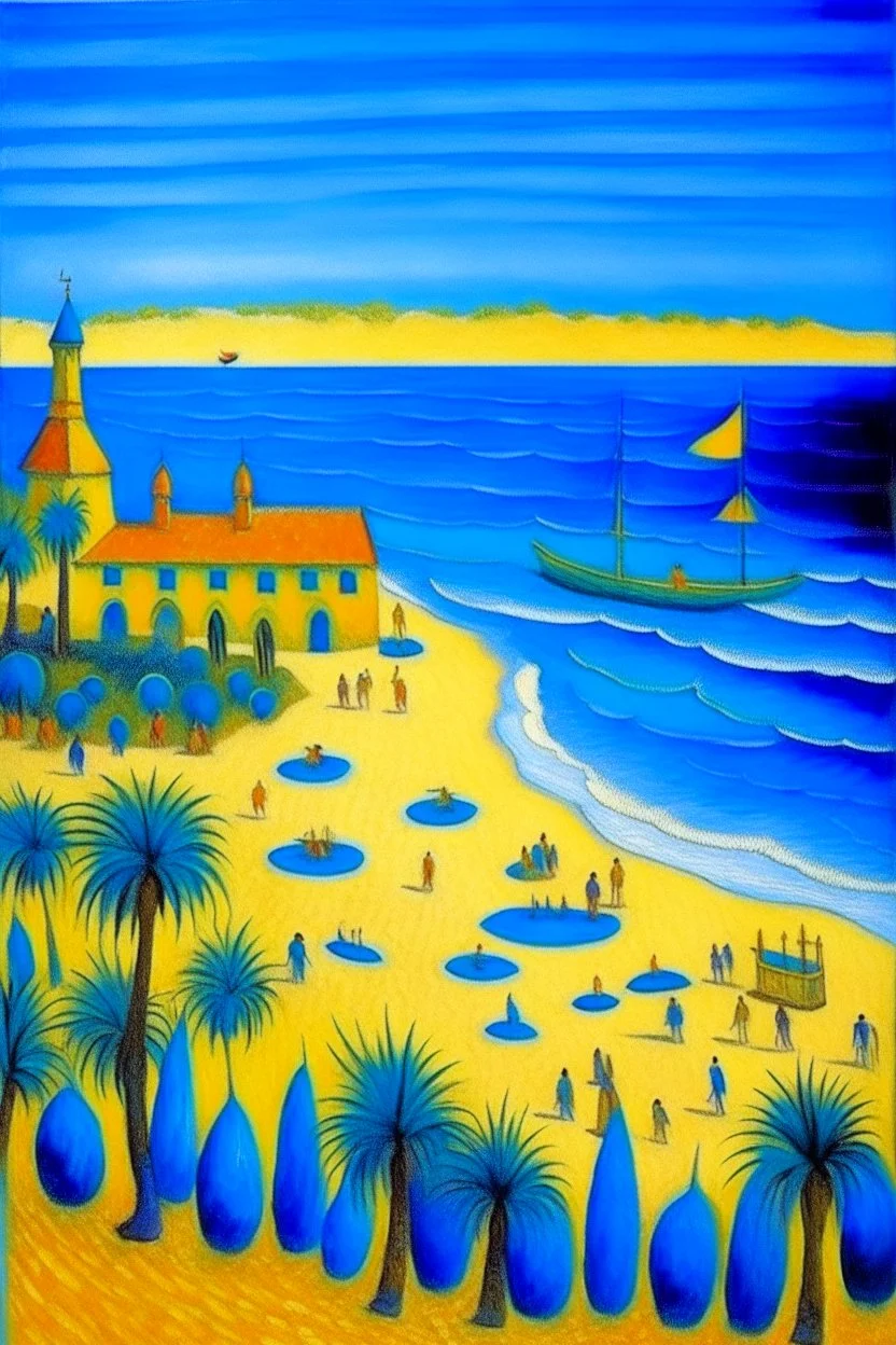 A blue resort on a beach painted by Georges Seurat