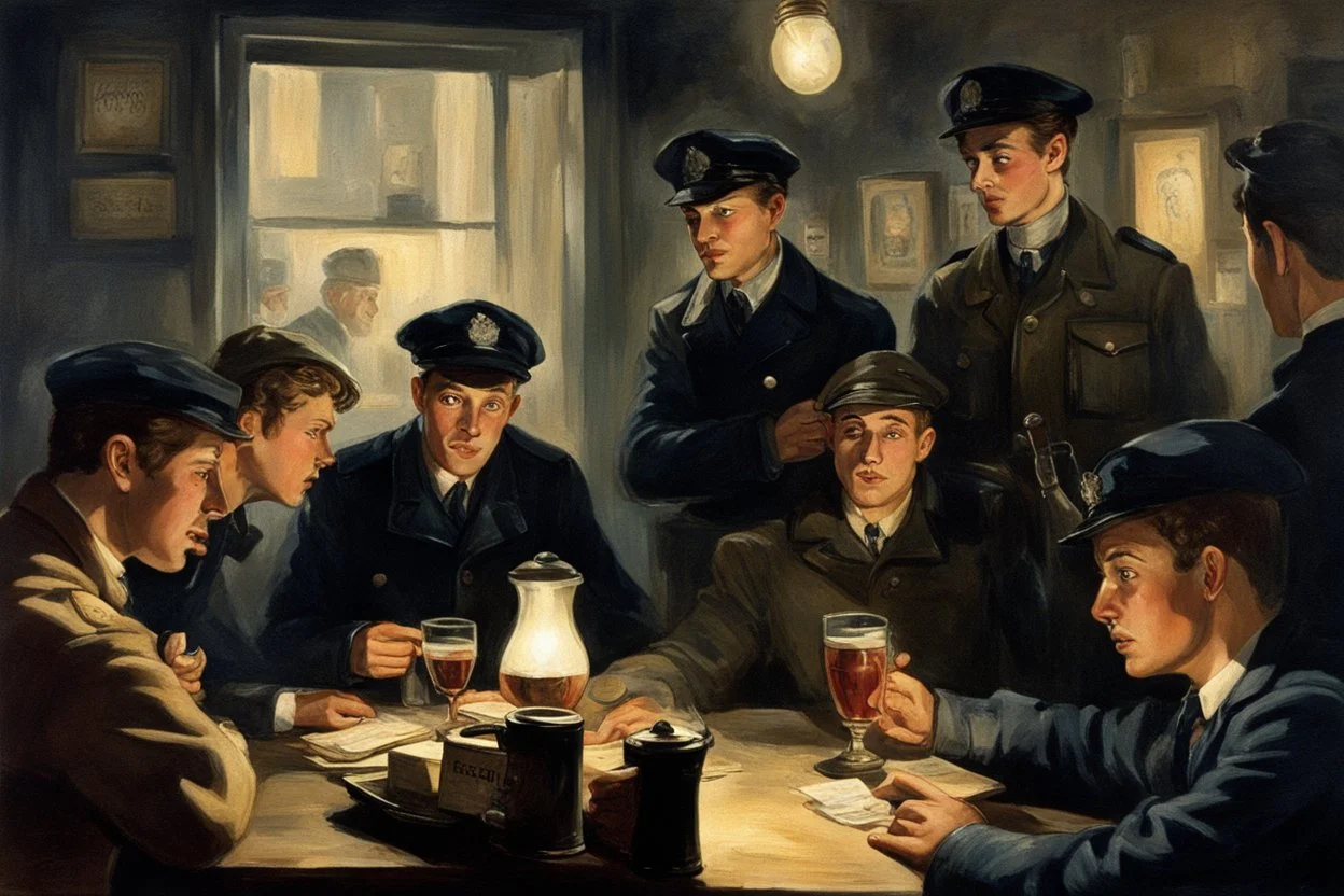 Smoky pub, cheerful young men drinking around a table, a policeman looking thoughtfully at the ID card of one of the boys, lamplight