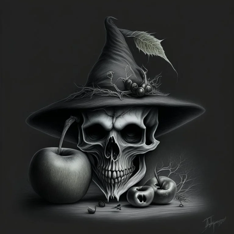 Realistic drawing of a Skull with a Witch hat, Skull has ghost eyes and is eating from a poison apple.