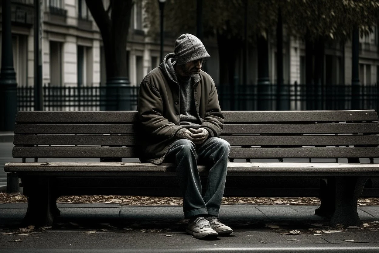 man sitting on a bench in the street