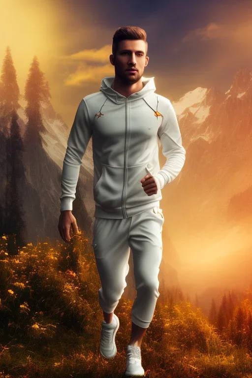 running men portrait , white jogging suite , in the sunset Alps, golden light , holding leaves and flowers , angels background, volumetric light, high detail, dark leaf tree, dark mountains in background, perfect